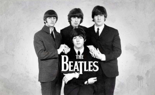 czarno biały plakat zespołu The Beatles