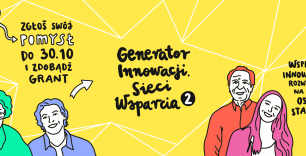 Grafika - banner akcji Generator Innowacji Sieci Wsparcia. Cztery postacie na żółtym tle, czarne napisy.