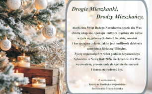 Życzenia świąteczne od Prezydentki Słupska z treścią , jak w artykule.Na grafice bombki z logo Słupska,świeczki, gwiazdki, choinkaze śniegiem