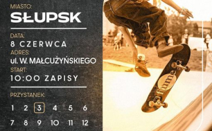 Plakat imprezy  - zawodnik na deskorolce podczas przejazdu.