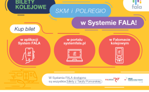 Grafika dotycząca sprzedaży biletów SKM i POLREGIO w Systemie Fala, żółte tło, napisy opisujące sposób kupowania biletów, logotypy na dole grafiki