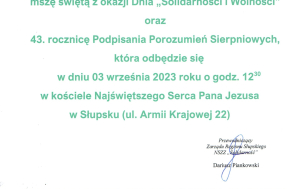 Na zdjęciu widać zaproszenie z treścią jak w artykule wraz ze zdjęciami obrazującymi wydarzenia z czasów Solidarności i późniejsze