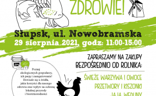 Plakat III Ekofestiwalu w kolorach czarnych i zielonych na białym tle, czarna kura, słoik dżemu i rolniczka z opaską na głowie