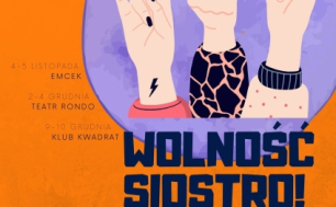 pomarańczowy plakat wydarzenia  w centralnym punkcie grafika trzech kobiecych ściśniętych pięści
