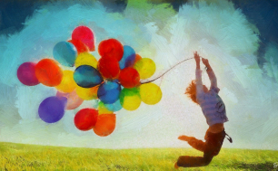 Zdjęcie przedstawia chłopca na łące trzymającego w rękach kolorowe balony