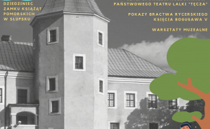 Zdjecie czarno- białe Zamku Ksiąząt Pomorskich a na pierwszym planie osadzone miniaturki graficzne postaci średniowiecznych w barwnych stojacj