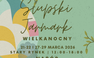 informacja o jarmarku wielkanocnym - zielone tło i grafika jajka wielkanocnego, termin jarmarku oraz miejsce