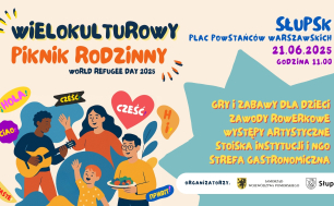baner wielokulturowego pikniku rodzinnego, na dole grafiki postacie, informacje o miejscu i godzinie oraz organizatorach