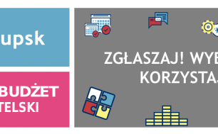 baner SBO - logo Słupska, napis Słupski Budżet Obywatelski, napis ZGŁASZAJ! WYBIERAJ! KORZYSTAJ! grafiki prezentrujące podniesione ręce, pieniądze, kalendarz, trybiki, chmurki rozmowy oraz puzzle