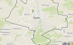 Mapa poglądowa Słupska z zaznaczonymi sąsiednimi miejscowościami