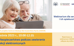 Plakat z informacją o webinarium dla seniorów i ich opiekunów.