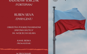 plakat zapraszający na wydarzenie Konstytucja 3 Maja. Tekst na czerwonym tle, obok powiewająca na maszcie flaga w barwie biało-czerwonej.