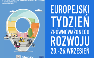 Oficjalne plakaty promujące  Europejski Tydzień Zrównoważonego Rozwoju oraz Europejski Tydzień Zrównoważonego Transportu. Tekst plus emotikony w autobusie, na rowerze, na hulajnodze itp