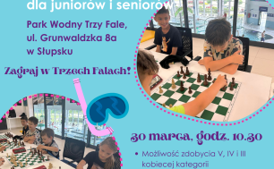 Plakta informacyjny z tekstem jak w artykule i grafika : dzieci grające w szachy