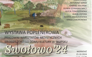 Plakat informacyjny z tekstem dot.wernisażu i możliwości zwiedzania w ratuszu; na zdjęciu dom w zieleni wiejskiej, woda, niebo ławka pod drzewem