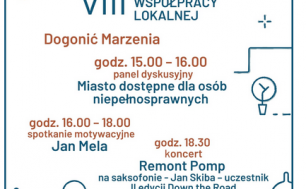 Na zdjęciu widzimy nazwę Kongresu oraz informacje o dacie wydarzenia - 17 listopada, panelu dyskusyjnym Miasto dostępne dla osób niepełnosprawnych w godzinach 15-16, spotkaniu motywacyjnym z Janem Melą w godzinach 16-18 oraz koncercie Remont Pomp na saksofonie Jan Skiba uczestnik II edycji Down The Road. Poza tym surowe grafiki kreską przypominające budynki, kwiaty, chmury i żarówki