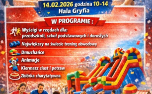 Plakat z dmuchańcami, zawodnikami i informacjami o zawodach.