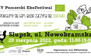 plakat z datą i miejscem ekofestiwalu, warzywa zielone i czarna kura