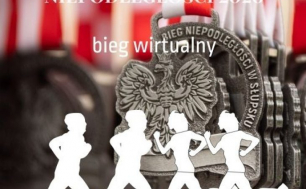 plakat z białymi czterema postaciami biegaczy na tle biało czerwonej flagi i znaku orła w koronie
