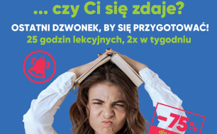 Na niebieskim tle widzimy dziewczynkę z grymasem na twarzy i trzymającą rękoma na głowię księżkę.