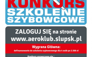 Na zdjęciu widzimy szybowiec z napisem KONKURS SZKOLENIE SZYBOWCOWE ORAZ SKRÓT INFORMACJI DOT. konkursu, które są zawarte też w treści niniejszego artykułu