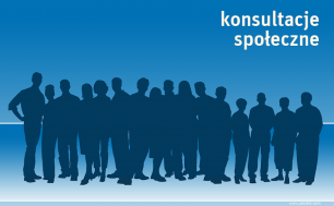 Plakat z sylwetkami osób i napisem konsultacje społeczne
