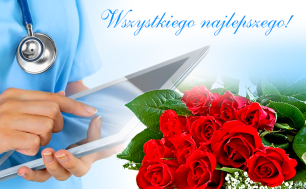 Na zdjęciu bukiet czerwonych róż, osoba z zawieszonym stetoskopem i tabletem w dłoni