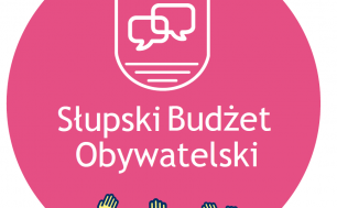 Grafika - słupski budżet obywatelski -różowe koło na białym tle i dłonie