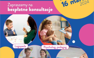 Plakt informacyjny jak w treści artykułu- grafika dzieci podczas różnych ćwiczeń np. z szarfą, z misiem, z rolką z wypustkami, którą masuje się rękę.