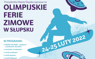 plakat z informacją o dacie i miejscu wydarzenia z postacią snowboardzisty na niebieskim tle