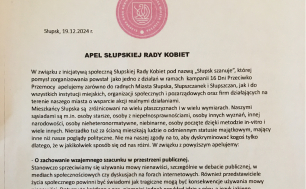 Treść apelu jak w artykule poniżej - pierwsza strona dokumentu z logo Słupskiej Rady Kobiet