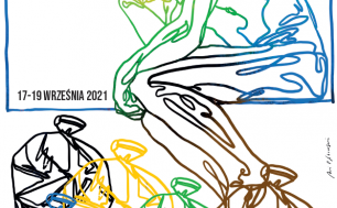 Zdjęcie przedstawia rysunek zamyślonego człowieka w kolorze żółto-zielono-niebiesko-czarno-brązowym, u jego stóp stoi pięć worków: czarny, żółty, niebieski, zielony i brązowy. U góry napis: "Myślę, więc nie śmiecę", poniżej z lewej strony napis: 28 Akcja Sprzątanie Świata - Polska, 17 - 19 września 2021.