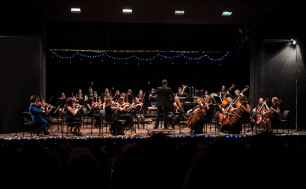 na scenie Filharmonii młodzi muzycy z instrumentami  podczas koncertu siedzą na krzesłach, tyłem  do widzów stoi dyrygent . Świąteczny nastój, światełka