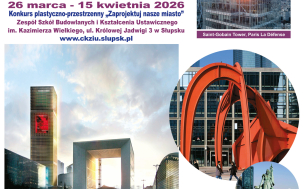 Plakat wystawy, w treści informacje o wydarzeniu, zdjęcia architektury z Paryża, logotypy instytucji wspierająfcych oraz wspóółoprganizująch wystawę, treści z plakatu zawarte są w treści informacji