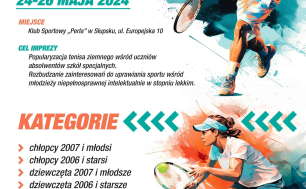 Plakat z malunkiem tenisisty i tenisistki wraz z informacjami o imprezie.