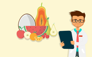 Grafika przedstawia mężczyznę w fartuchu lekarskim z zeszytem oraz owoce. Fot. Pixabay.