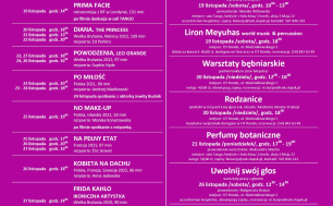 jaskrawo różowy plakat z harmonogramem wydarzeń festiwalowych