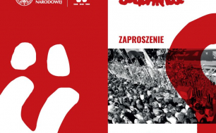 plakat z treścią zaproszenia na wystawę pn.: "Tu rodziła się Solidarność" w biało - czerwonej kolorystyce