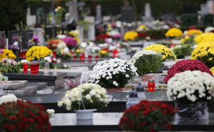 Groby zmarłych udekorowane kwiatami i zniczami