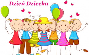 Grafika przedstawia grupę dzieci z kolorowymi balonikami.