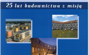 Na zdjęciu widzimy  obrazy przedstawiające nieruchomości - bloki , u góry napis TBS  TOWARZYSTWA BUDOWNICTWA SPOŁECZNEGO 25 lat budownictwa z misją