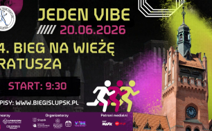 Plakat Biegu na Wieżę - wieża ratusza i grafiki małych biegacyz oraz komunikaty organizacyjne