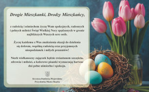 Tekst jak w artykule poniżej, grafika: gniazdko z pisankami , w tle bukiet tulipanów