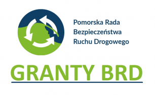 Logo Pomorskiej Rady Bezpieczeństwa Ruchu Drogowego oraz granatowy napis Pomorska Rada Bezpieczeństwa Ruchu Drogowego oraz  zielony napis Granty BRD