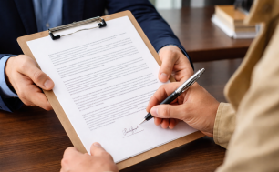 Zdjęcie przedstawia osobę podpisującą dokument trzymany przez drugą osobę na podkładce, widoczne są tylko dłonie