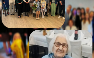 Jubilatka , w tle stoły z nakryciami, a u góry drugie zdjęcie- Rodzina, Bliscy Jubilatki, Pani Helena oraz przedstawicielki USC