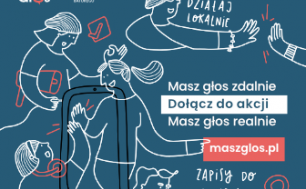 niebieski plakat z białymi konturami postaci i napisem masz głos