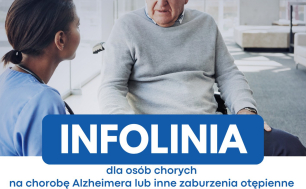 Plakat informacyjny z treścią jak w artykule; na zdjęciu starszy mężczyzna rozmawiający z przedstawicielką służby zdrowia