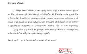 Życzenia dla Przedszkolaków od Prezydenta Miasta Słupska - Krystyny Danileckiej-Wojewódzkiej