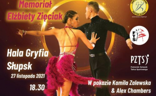 Na zdjęciu widzimy parę w tańcu oraz postaci kobiet goszczących podczas Gali- Iwony Pavlowic i Arlety Zalewskiej; znajdują się tam też informacje o miejscu Turnieju Hala Gryfia Słupsk i data wydarzenia - 27 listopada o 18.30; bilety na: pnabilet.pl